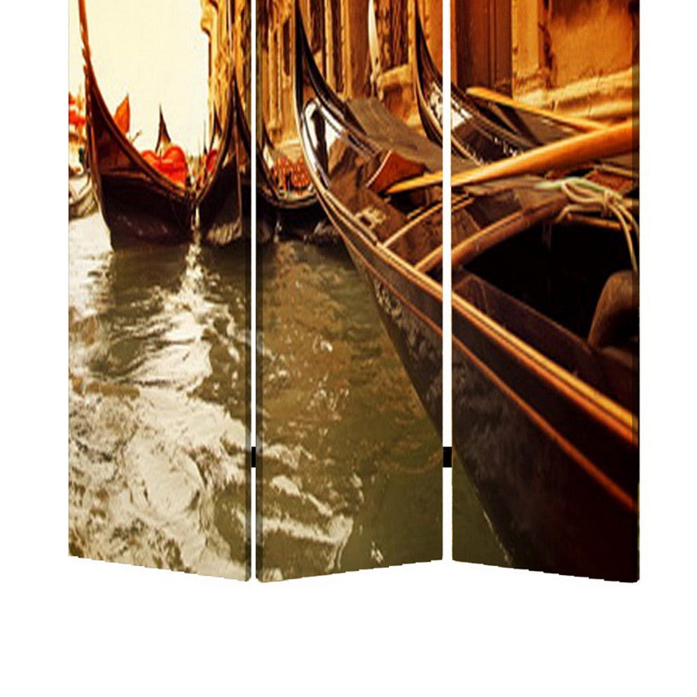 Venice Street Printed Foldable Screen with 3 Panels, Brown - BM26528