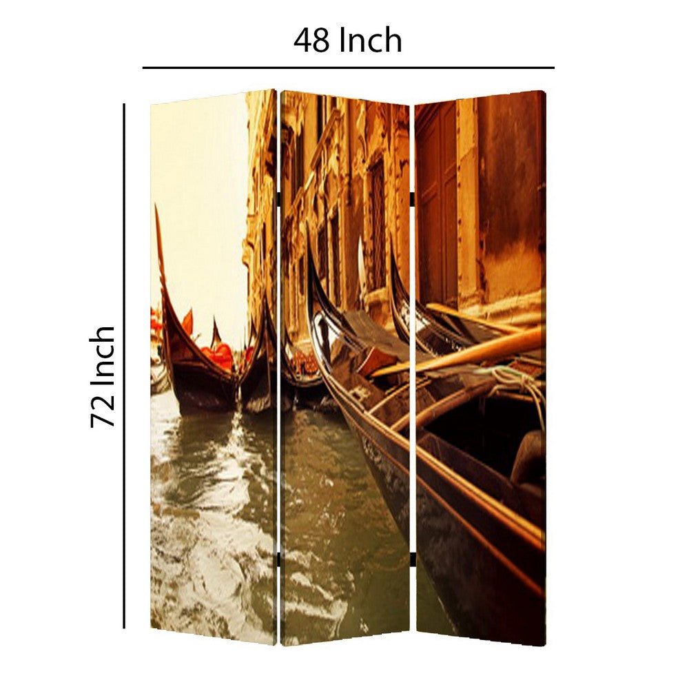 Venice Street Printed Foldable Screen with 3 Panels, Brown - BM26528