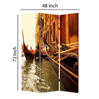 Venice Street Printed Foldable Screen with 3 Panels, Brown - BM26528