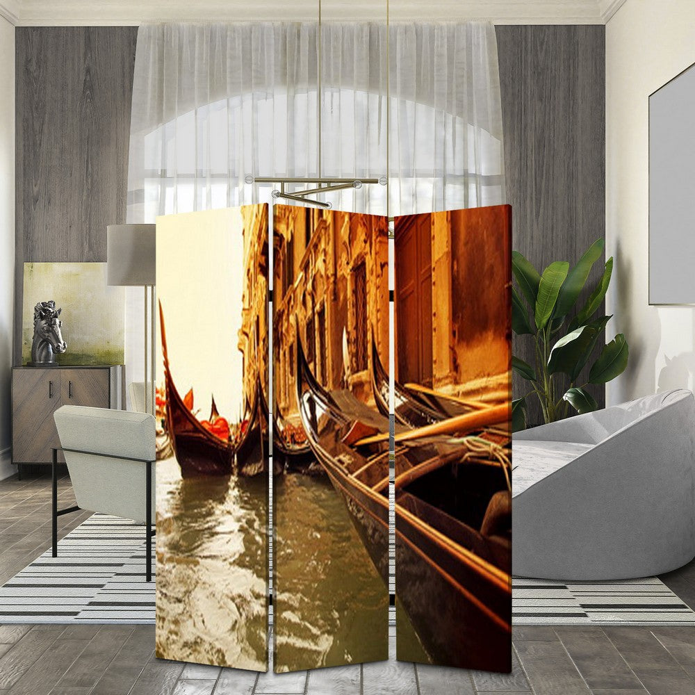 Venice Street Printed Foldable Screen with 3 Panels, Brown - BM26528