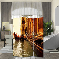 Venice Street Printed Foldable Screen with 3 Panels, Brown - BM26528