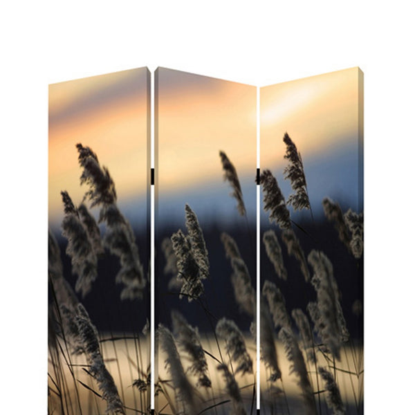 3 Panel Reed Plant Print Foldable Canvas Screen, Gray - BM26533