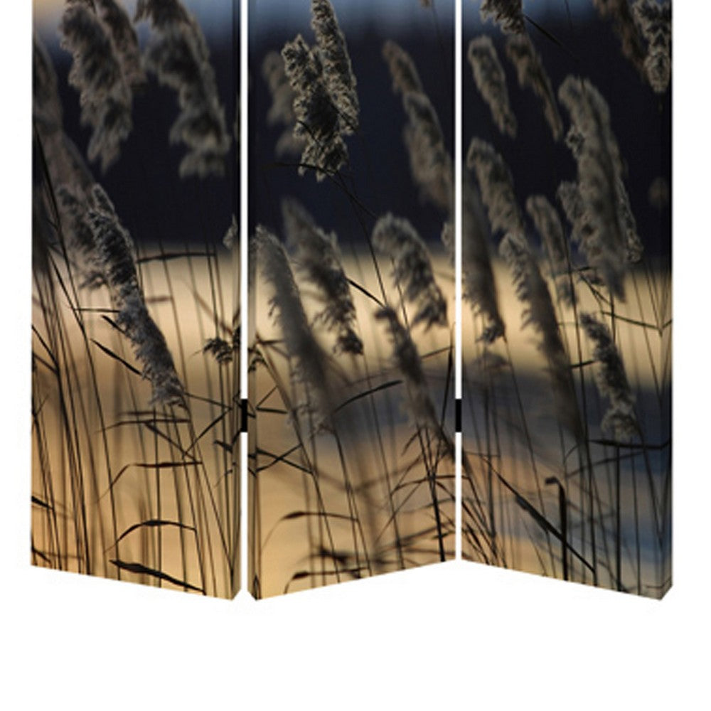 3 Panel Reed Plant Print Foldable Canvas Screen, Gray - BM26533