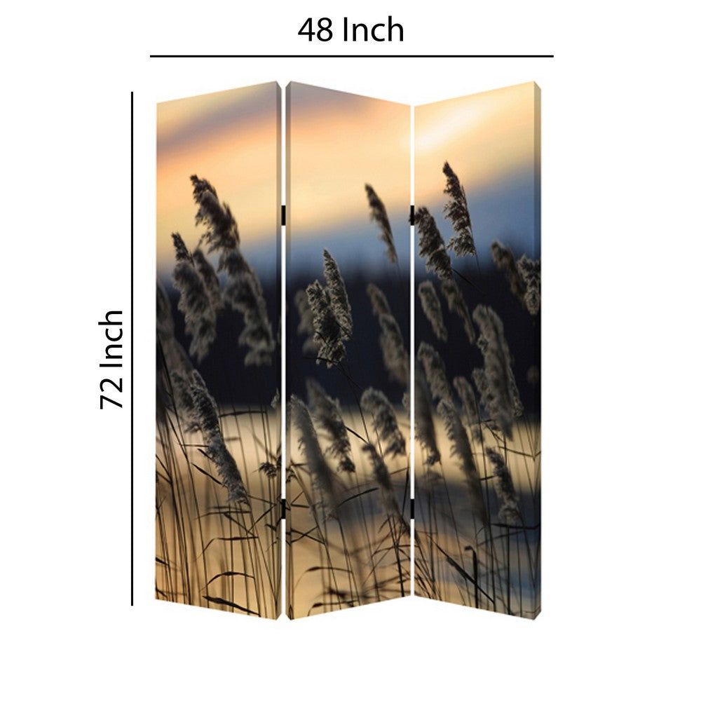 3 Panel Reed Plant Print Foldable Canvas Screen, Gray - BM26533
