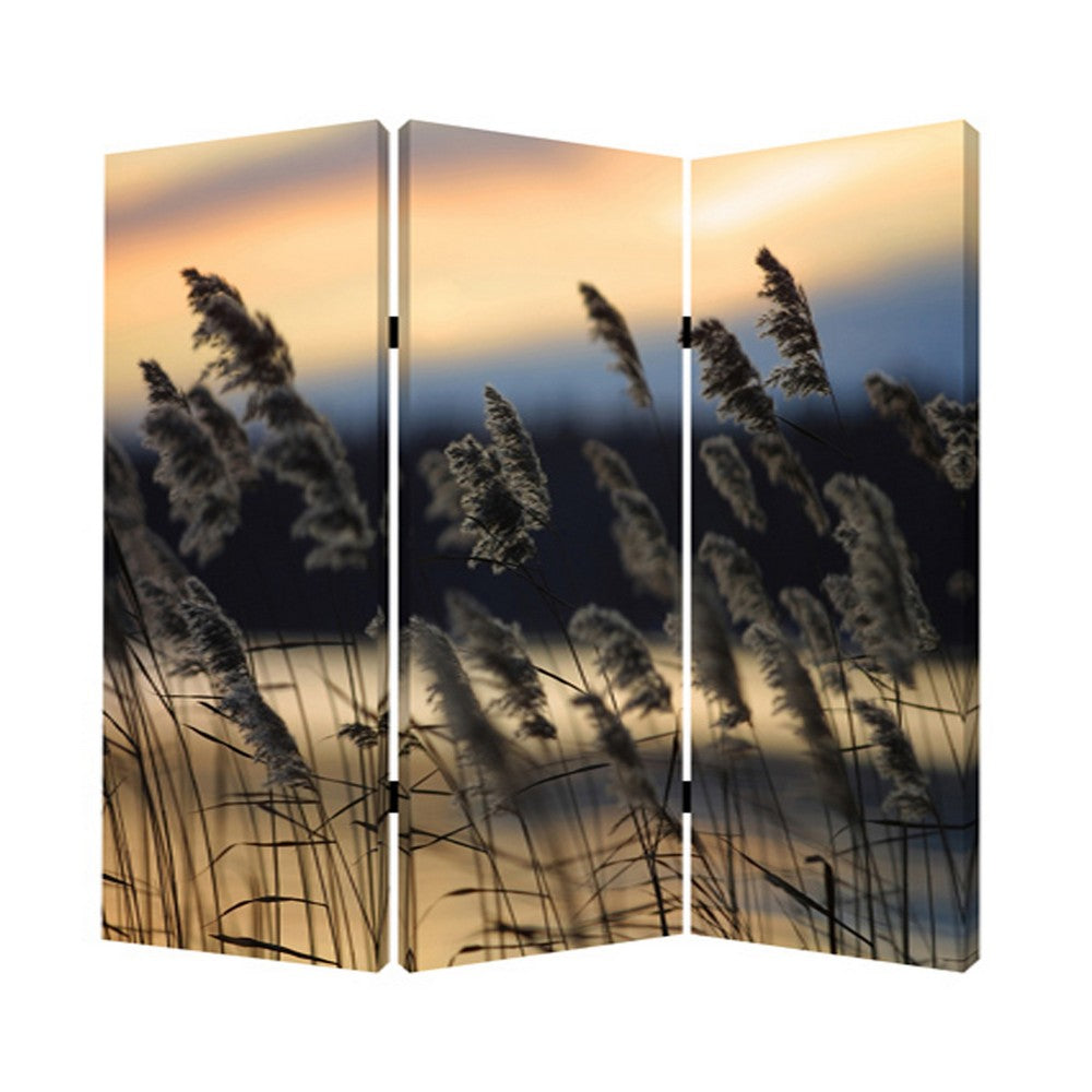 3 Panel Reed Plant Print Foldable Canvas Screen, Gray - BM26533