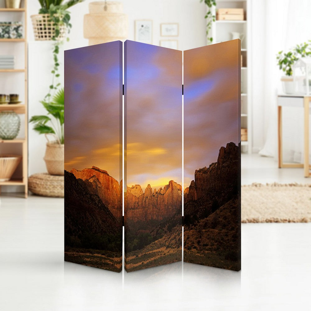 Sunset Plateau Print Foldable Canvas Screen with 3 Panels, Multicolor - BM26534