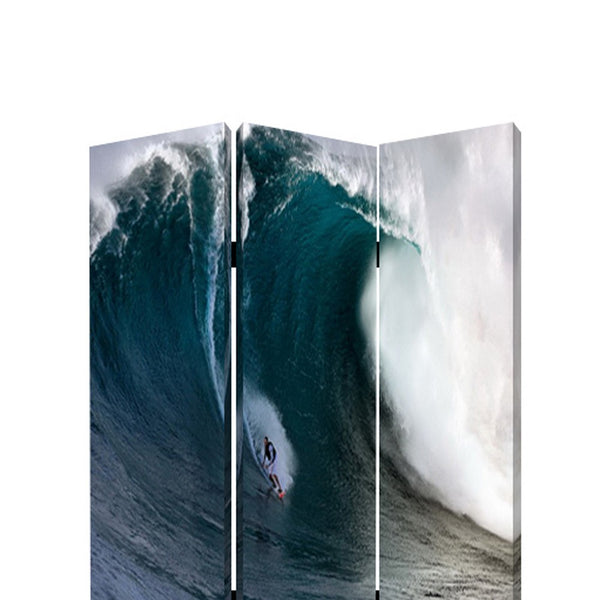Surfing High Wave Print Foldable Canvas Screen with 3 Panels, Blue - BM26535