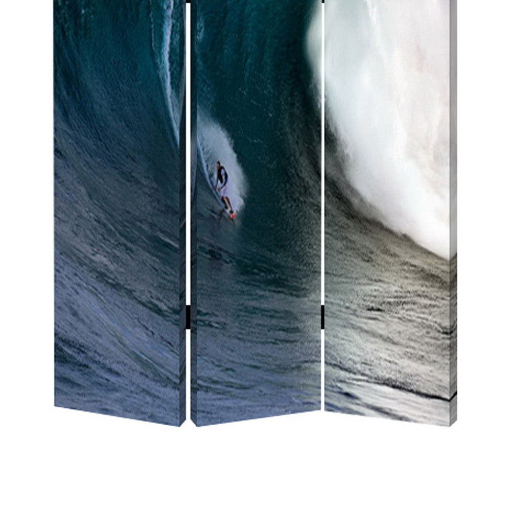 Surfing High Wave Print Foldable Canvas Screen with 3 Panels, Blue - BM26535
