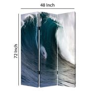 Surfing High Wave Print Foldable Canvas Screen with 3 Panels, Blue - BM26535