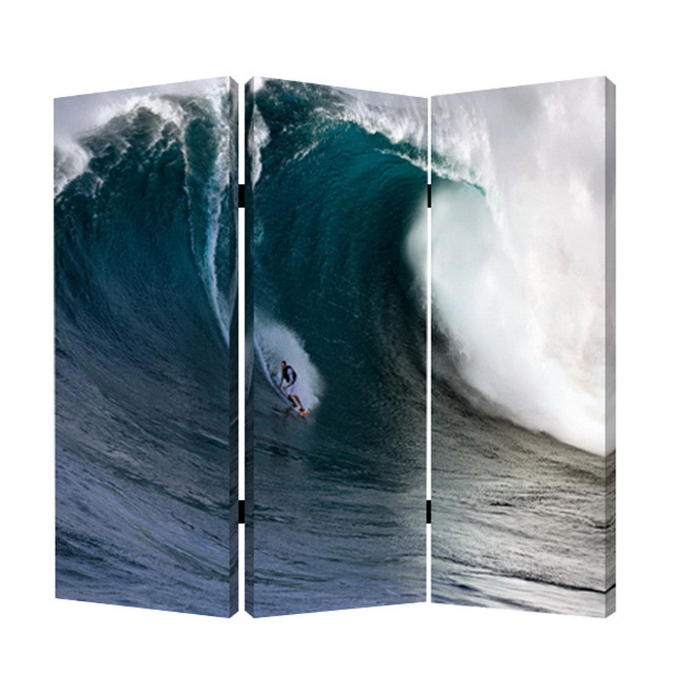 Surfing High Wave Print Foldable Canvas Screen with 3 Panels, Blue - BM26535