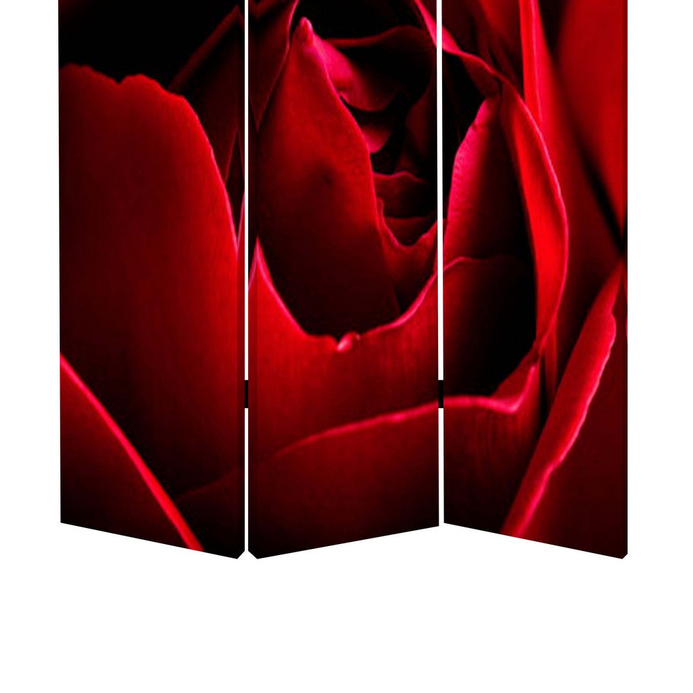 3 Panel Foldable Canvas Screen with Rose Print, Red - BM26536