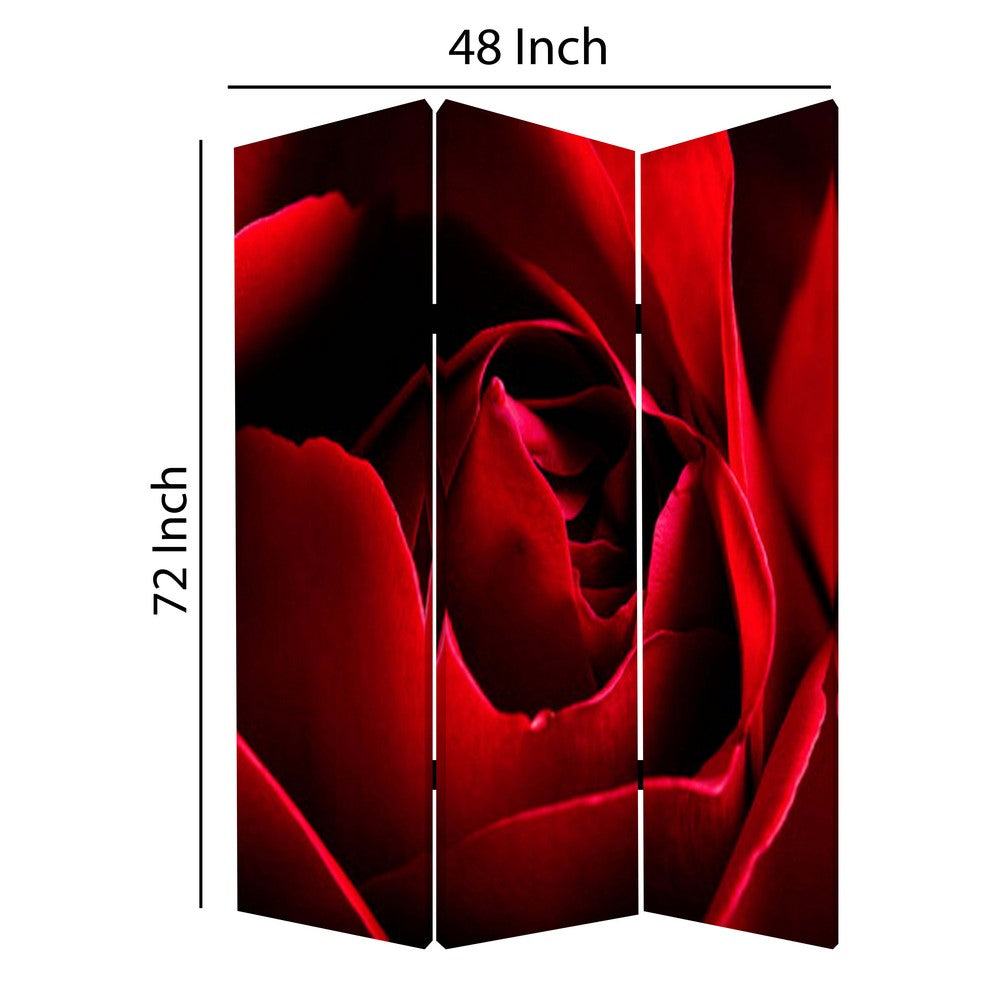 3 Panel Foldable Canvas Screen with Rose Print, Red - BM26536