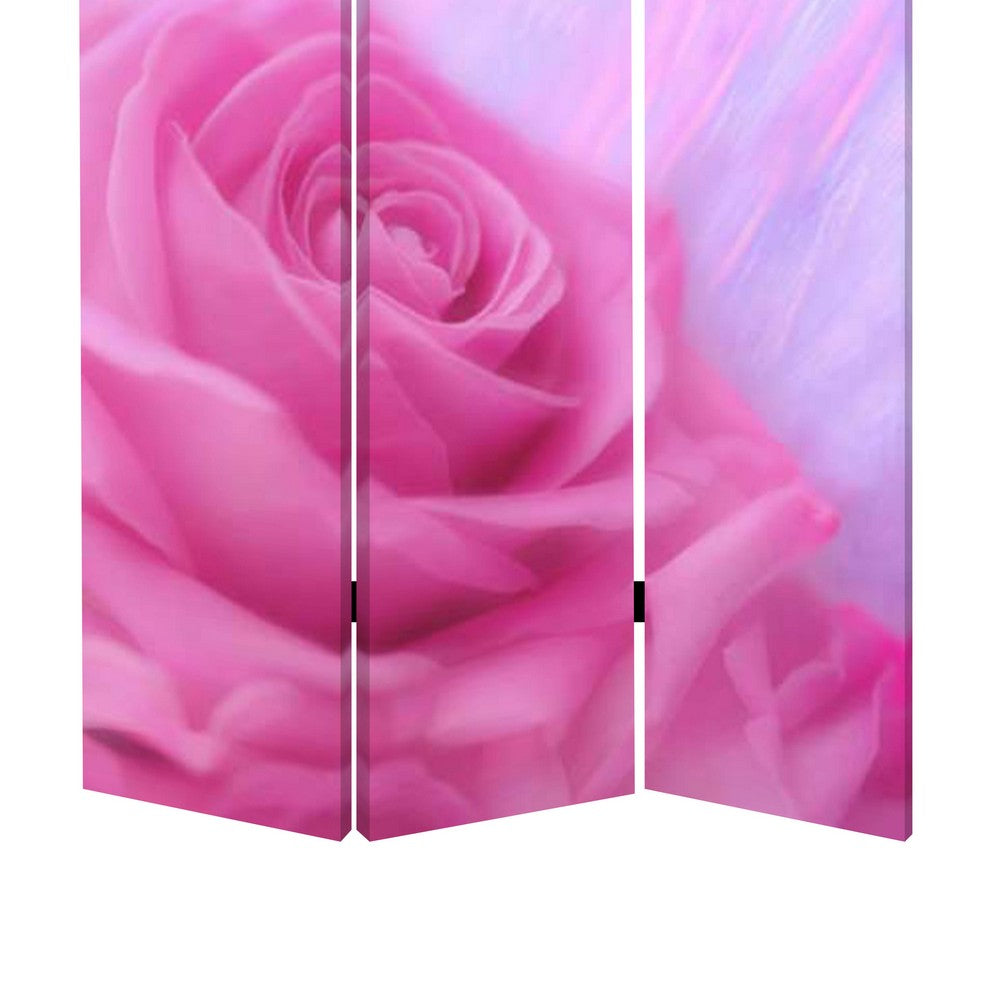 3 Panel Foldable Canvas Screen with Rose Print, Pink - BM26537