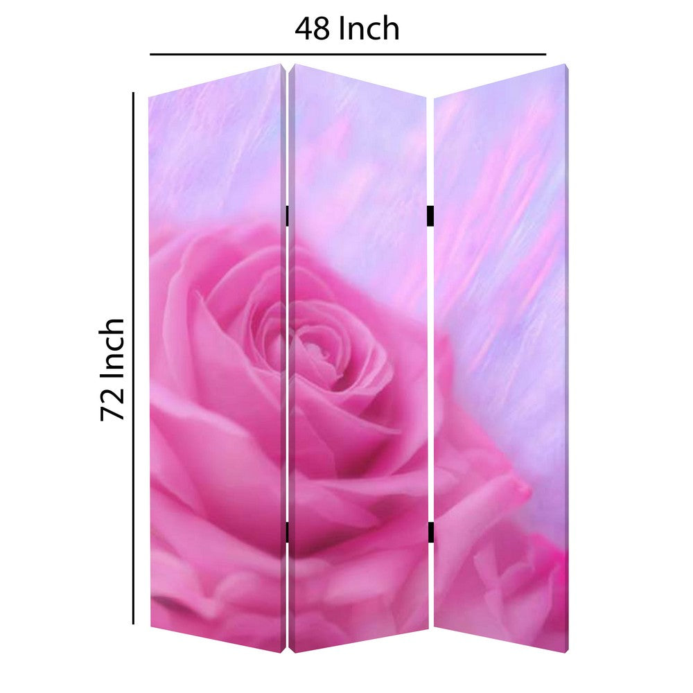 3 Panel Foldable Canvas Screen with Rose Print, Pink - BM26537