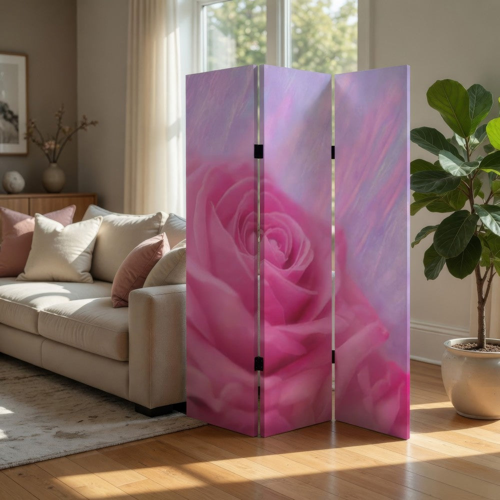 3 Panel Foldable Canvas Screen with Rose Print, Pink - BM26537