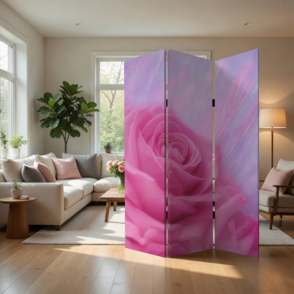 3 Panel Foldable Canvas Screen with Rose Print, Pink - BM26537