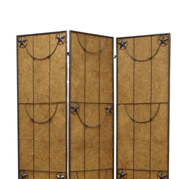 3 Panel Foldable Canvas Grill Screen with Lone Stars, Brown - BM26551