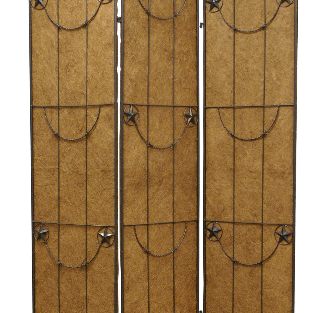 3 Panel Foldable Canvas Grill Screen with Lone Stars, Brown - BM26551