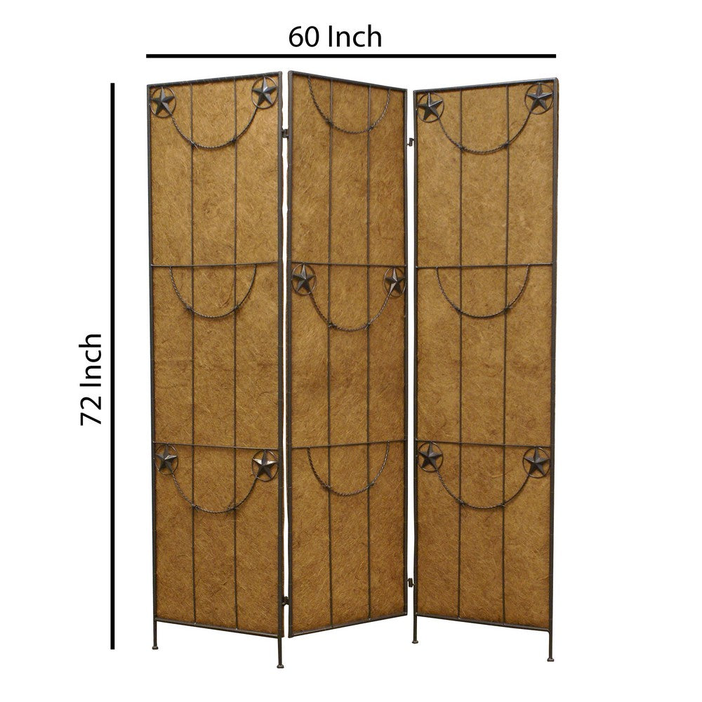 3 Panel Foldable Canvas Grill Screen with Lone Stars, Brown - BM26551