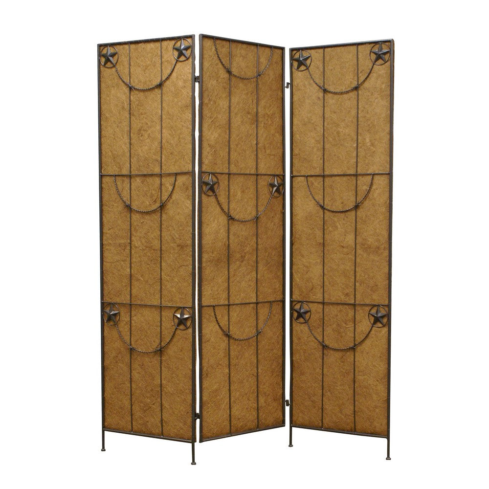 3 Panel Foldable Canvas Grill Screen with Lone Stars, Brown - BM26551