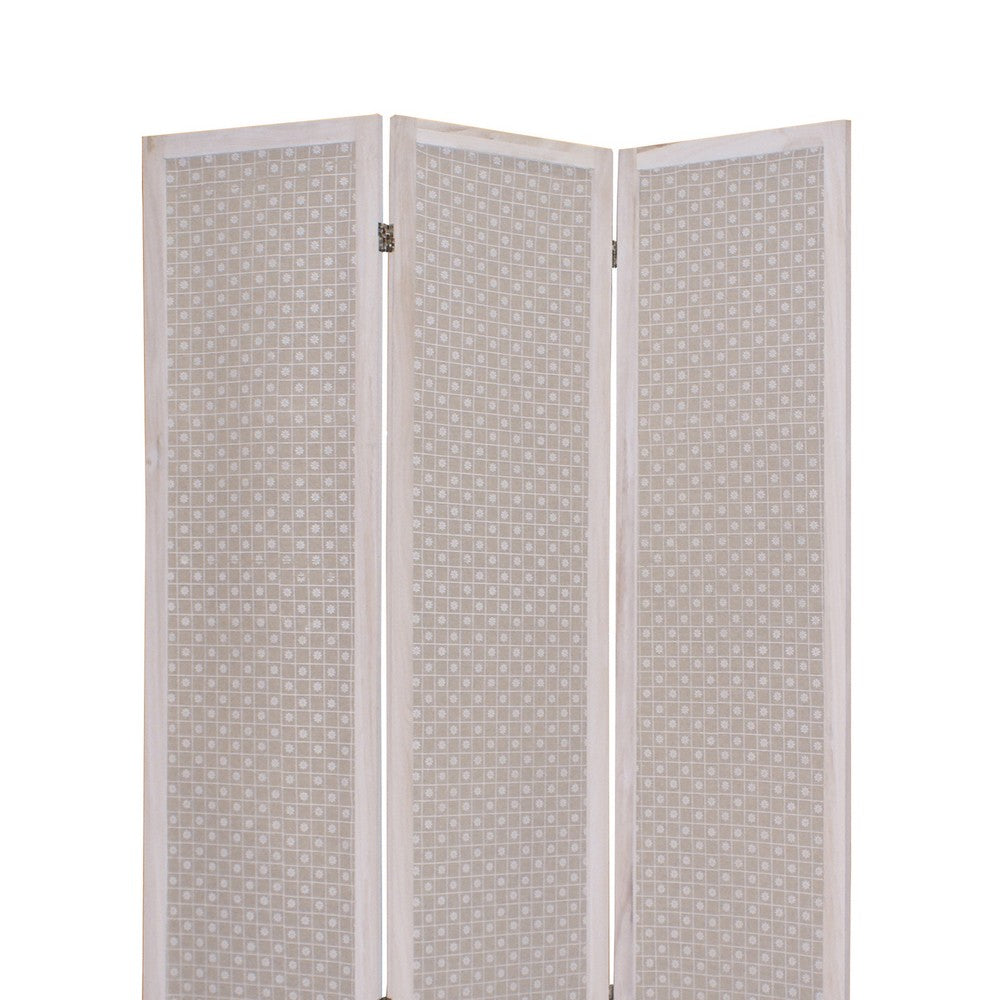 3 Panel Transitional Fabric Screen with Floral Details, Brown - BM26552