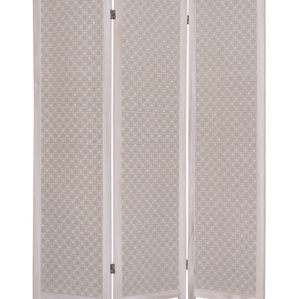 3 Panel Transitional Fabric Screen with Floral Details, Brown - BM26552