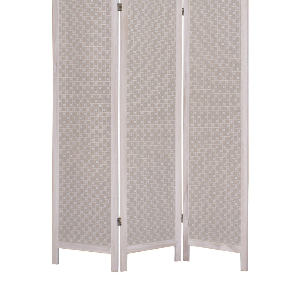 3 Panel Transitional Fabric Screen with Floral Details, Brown - BM26552