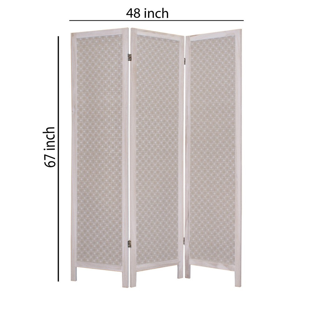 3 Panel Transitional Fabric Screen with Floral Details, Brown - BM26552