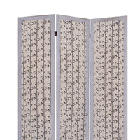 3 Panel Transitional Fabric Screen with Leaf Print, Beige and Gray - BM26553