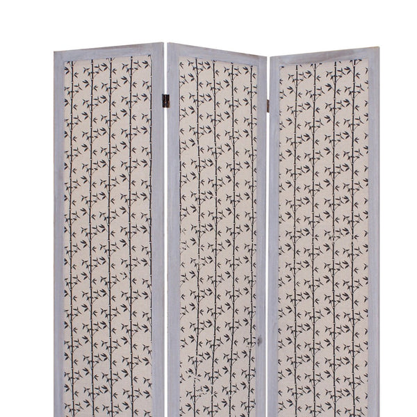 3 Panel Transitional Fabric Screen with Leaf Print, Beige and Gray - BM26553