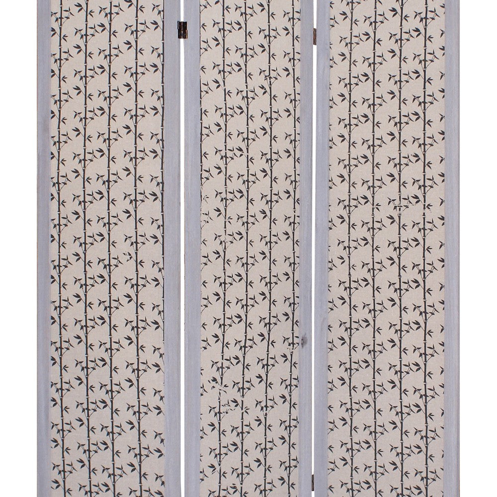 3 Panel Transitional Fabric Screen with Leaf Print, Beige and Gray - BM26553