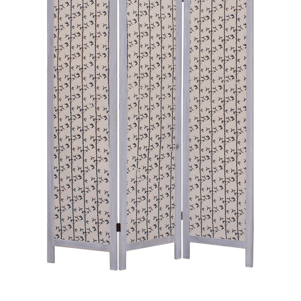 3 Panel Transitional Fabric Screen with Leaf Print, Beige and Gray - BM26553
