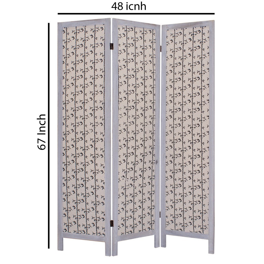 3 Panel Transitional Fabric Screen with Leaf Print, Beige and Gray - BM26553