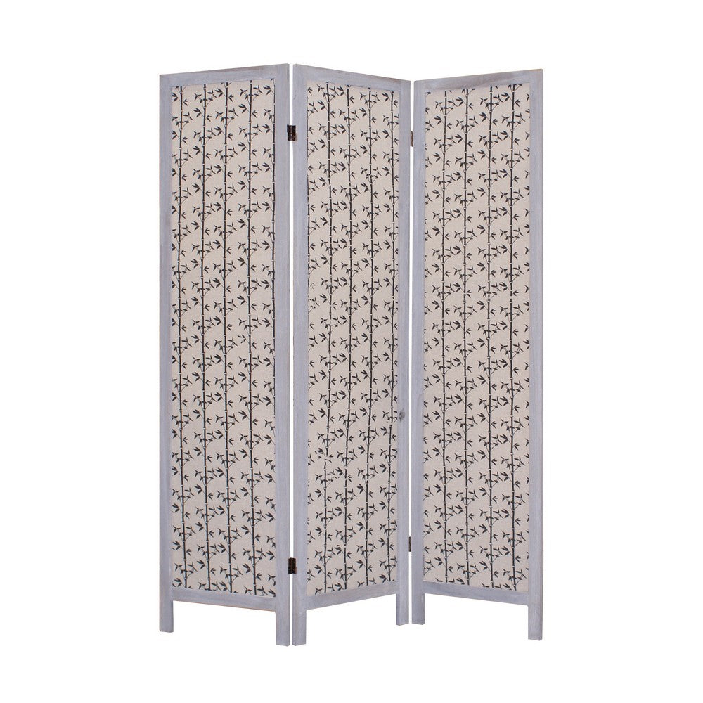 3 Panel Transitional Fabric Screen with Leaf Print, Beige and Gray - BM26553