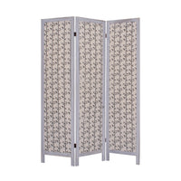 3 Panel Transitional Fabric Screen with Leaf Print, Beige and Gray - BM26553