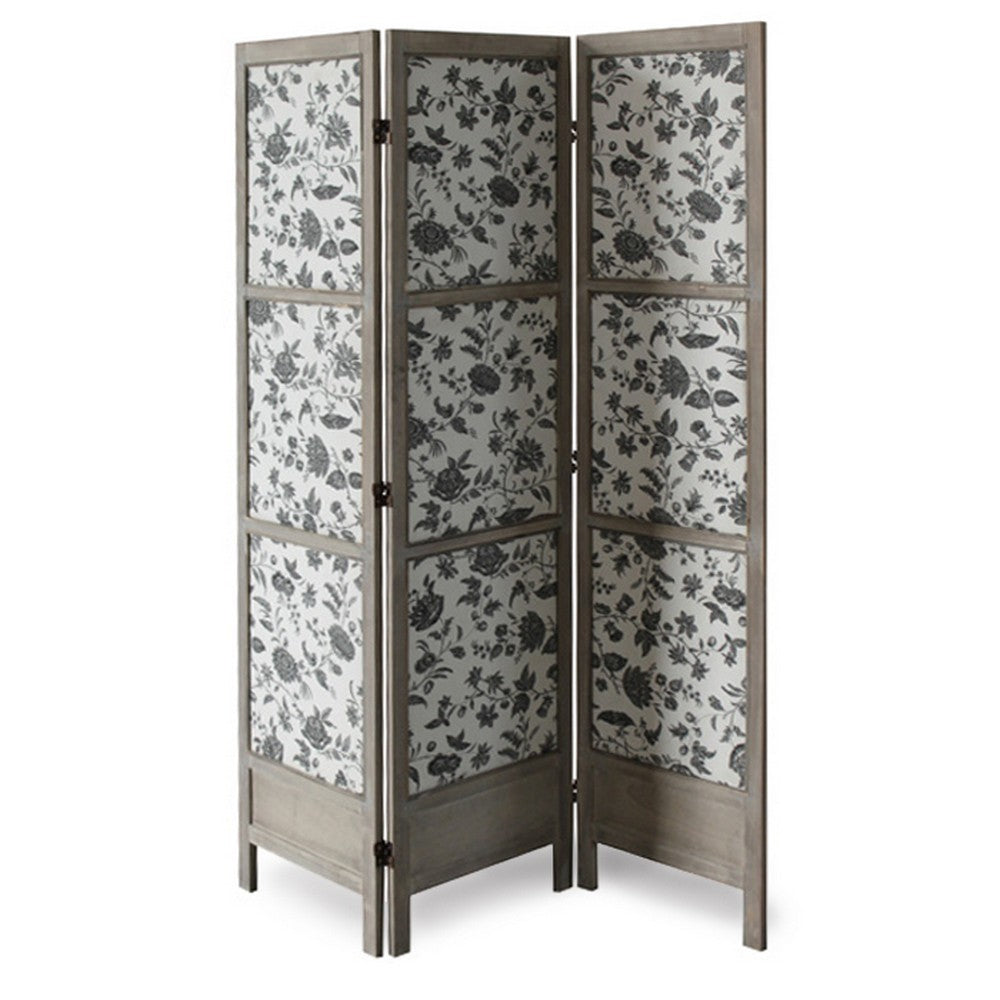 3 Panel Transitional Fabric Screen with Sections and Floral Print,Gray - BM26554