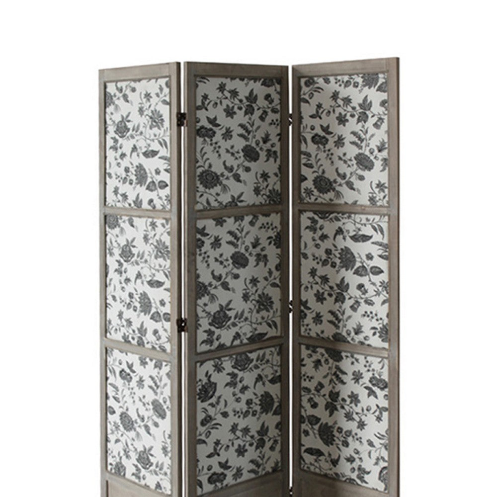 3 Panel Transitional Fabric Screen with Sections and Floral Print,Gray - BM26554