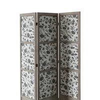 3 Panel Transitional Fabric Screen with Sections and Floral Print,Gray - BM26554