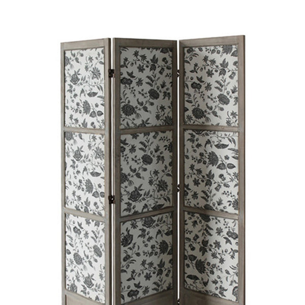 3 Panel Transitional Fabric Screen with Sections and Floral Print,Gray - BM26554