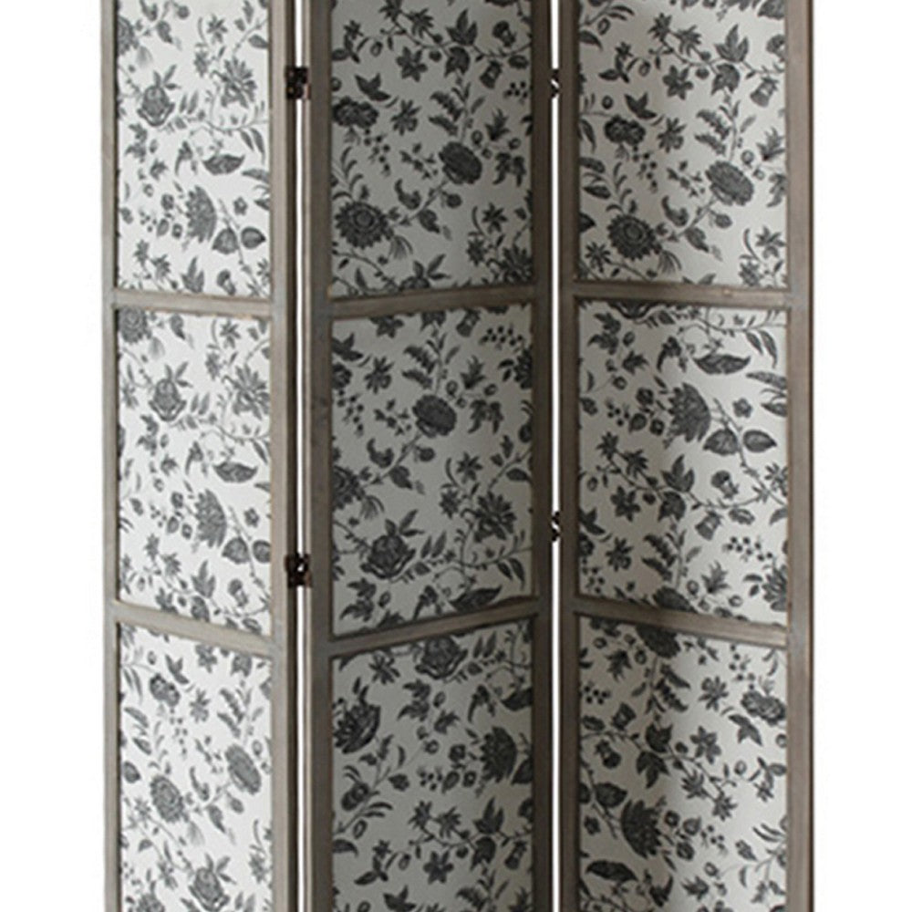 3 Panel Transitional Fabric Screen with Sections and Floral Print,Gray - BM26554