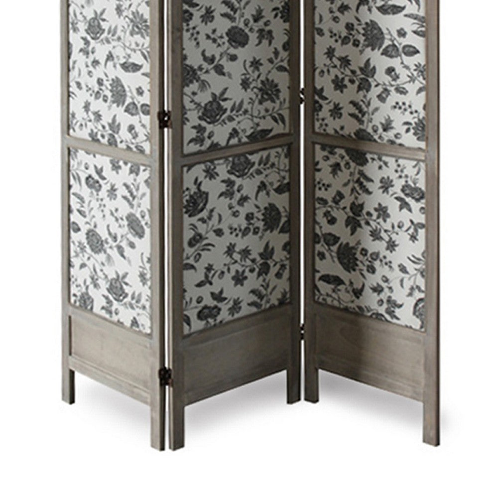 3 Panel Transitional Fabric Screen with Sections and Floral Print,Gray - BM26554