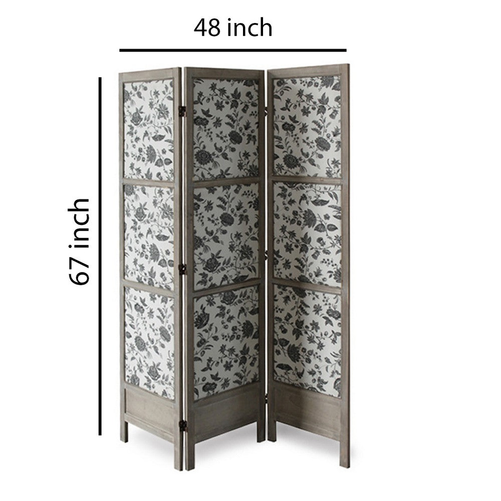 3 Panel Transitional Fabric Screen with Sections and Floral Print,Gray - BM26554