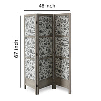 3 Panel Transitional Fabric Screen with Sections and Floral Print,Gray - BM26554