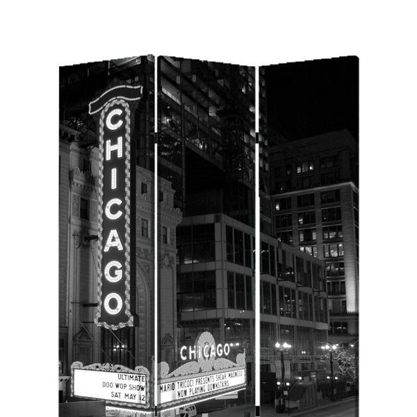 3 Panel Foldable Screen with Chicago Print, Black and White - BM26559