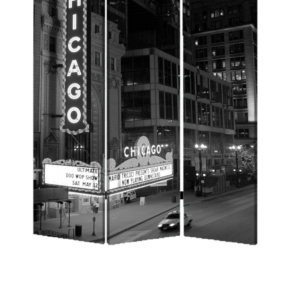 3 Panel Foldable Screen with Chicago Print, Black and White - BM26559