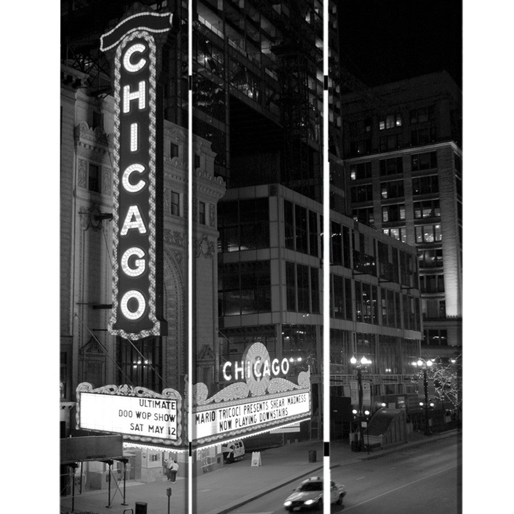 3 Panel Foldable Screen with Chicago Print, Black and White - BM26559