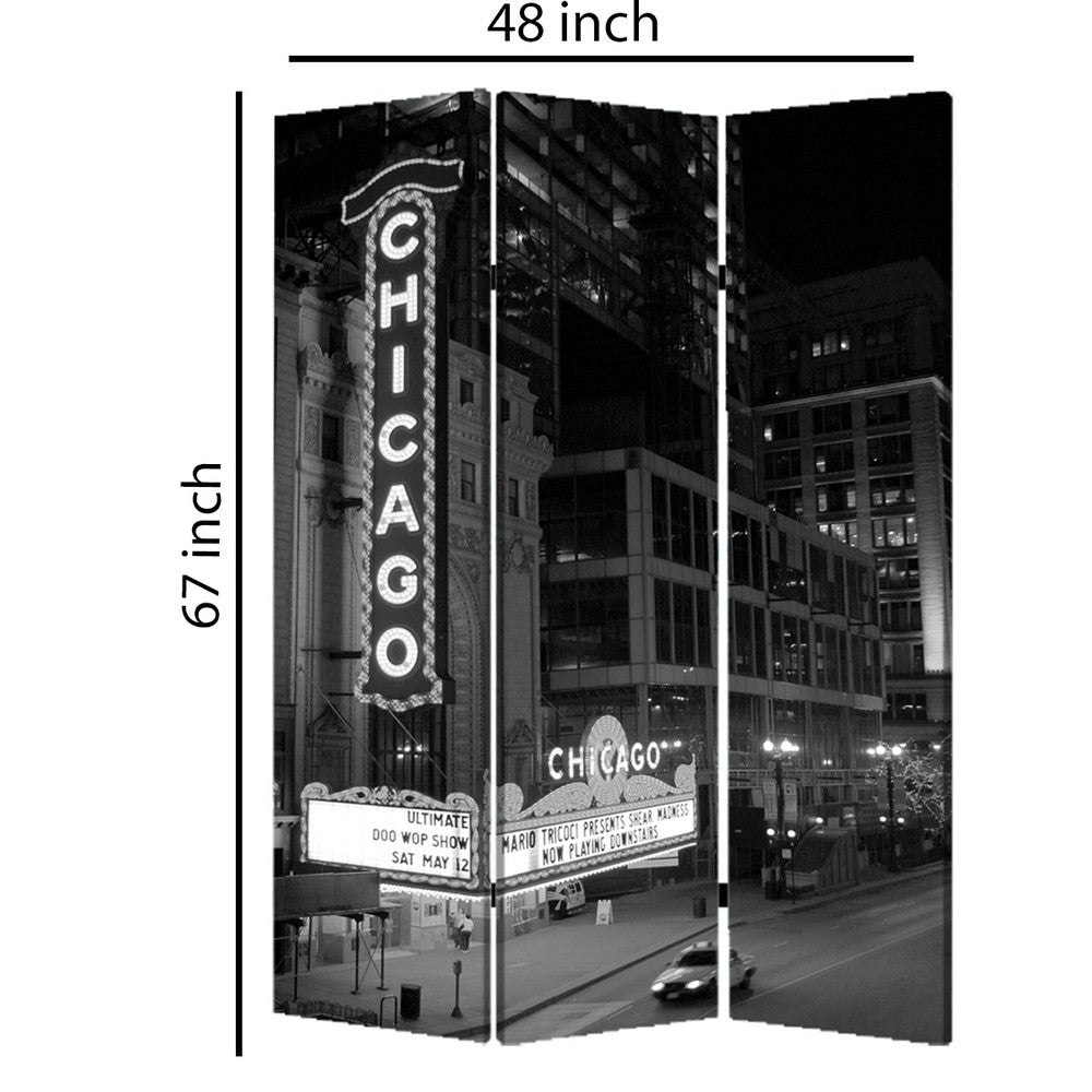 3 Panel Foldable Screen with Chicago Print, Black and White - BM26559