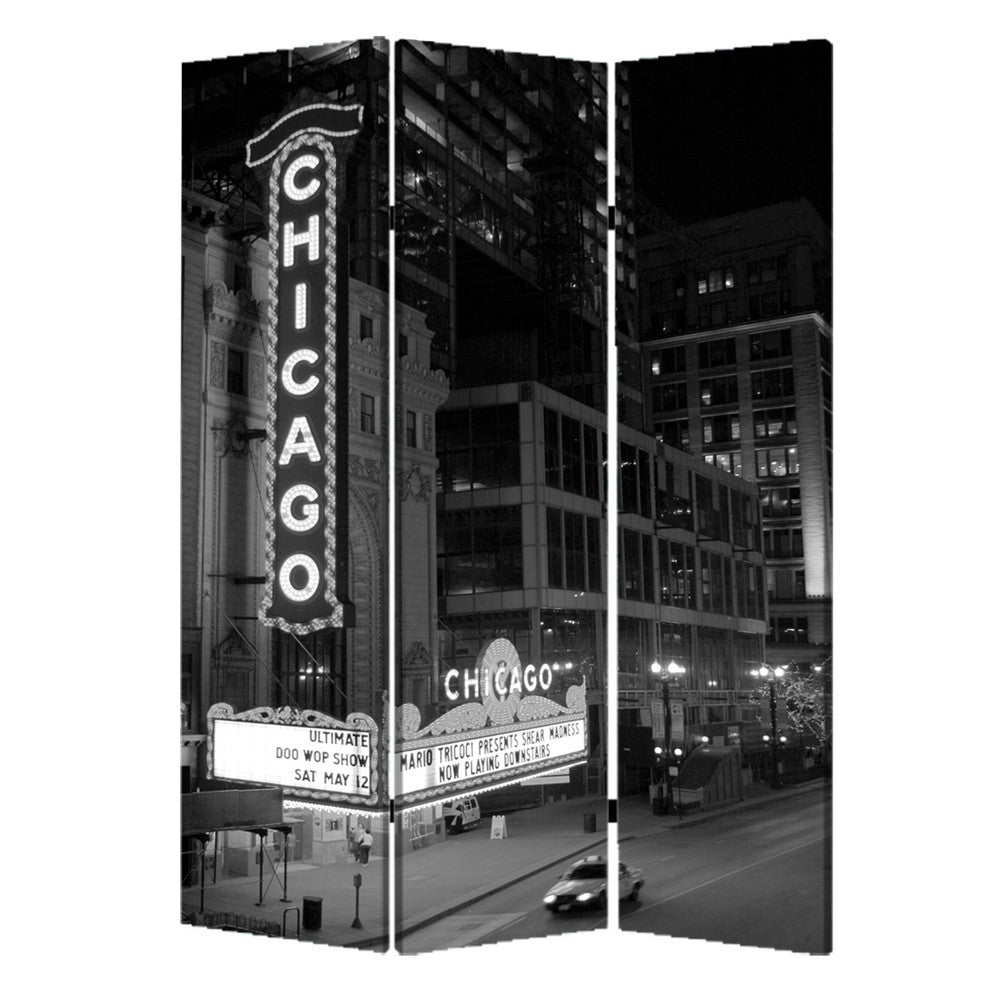 3 Panel Foldable Screen with Chicago Print, Black and White - BM26559