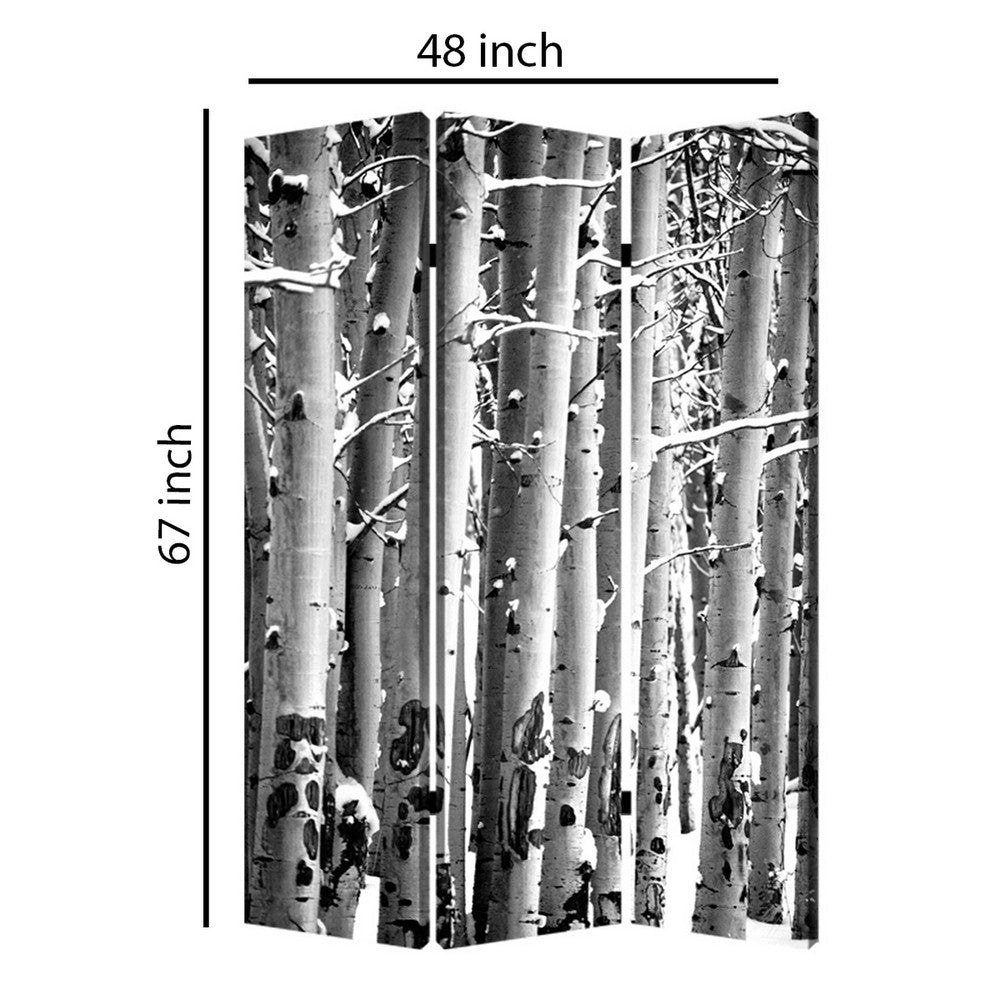 3 Panel Canvas Foldable Screen with Birch Print, Black and White - BM26560