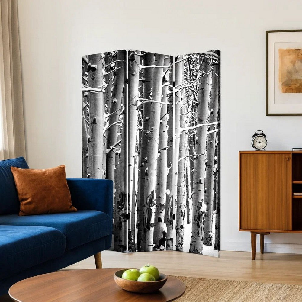 3 Panel Canvas Foldable Screen with Birch Print, Black and White - BM26560